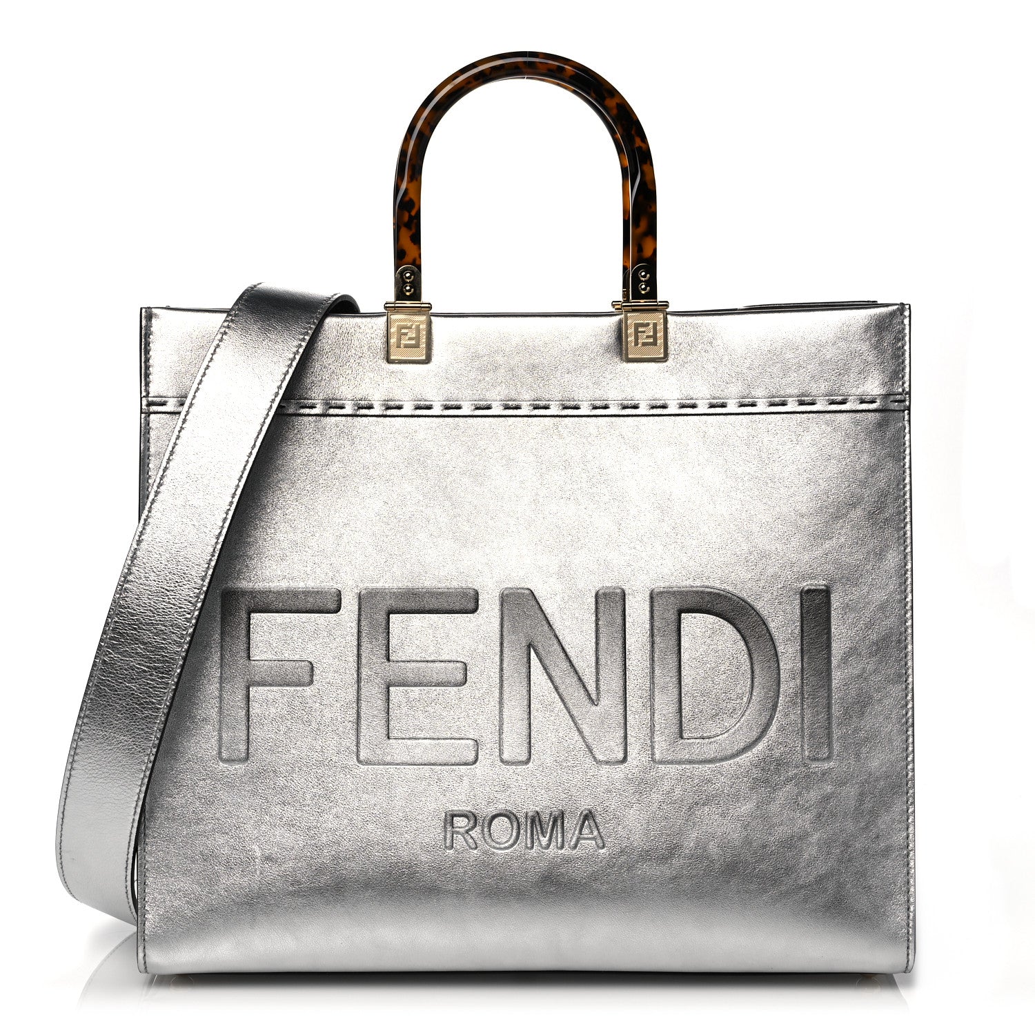 Fendi Vitello Catalan Mirror Plexiglass Logo Embossed Medium Fendi Sunshine Shopper Tote Argento 1 of 11