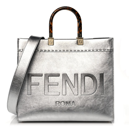 Fendi Vitello Catalan Mirror Plexiglass Logo Embossed Medium Fendi Sunshine Shopper Tote Argento 1 of 11