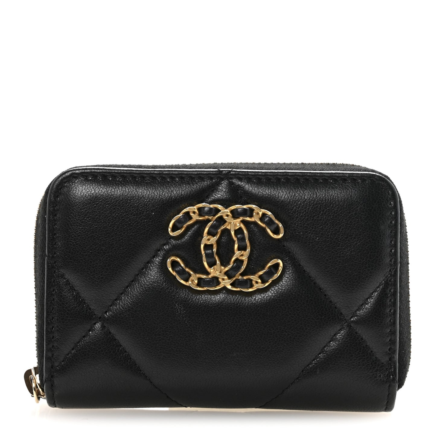 Lambskin Quilted Chanel 19 Zip Around Coin Purse Wallet Black