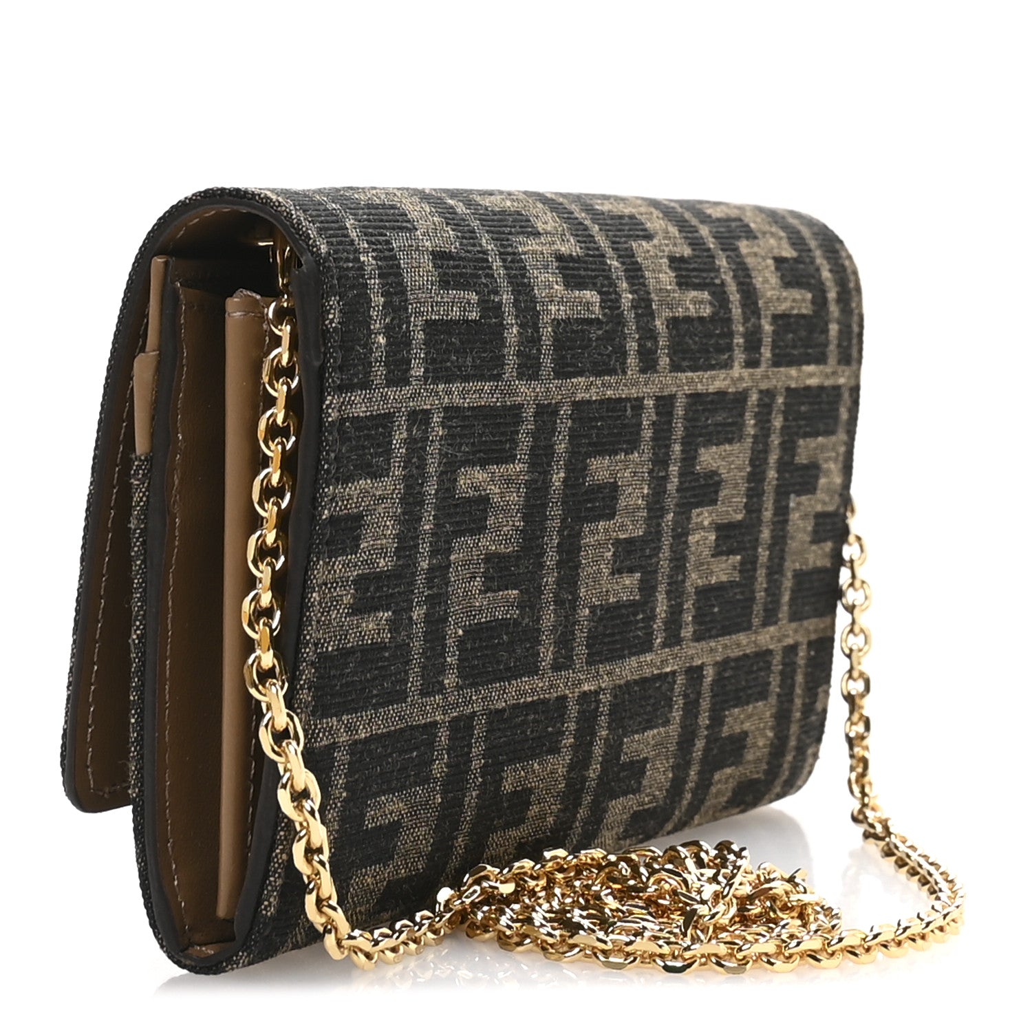 Fendi Fabric Jacquard FF 1974 Continental Wallet On Chain Tobacco Moro 3 of 11