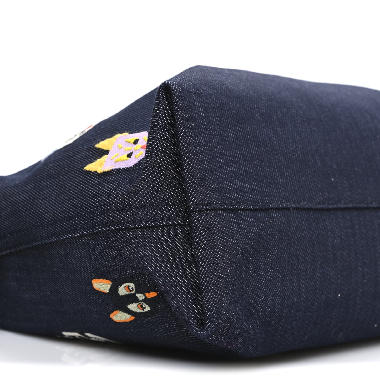 X Louis Wain Denim Embroidered Futurist Cats Medium Flamenco Knot Clutch Blue