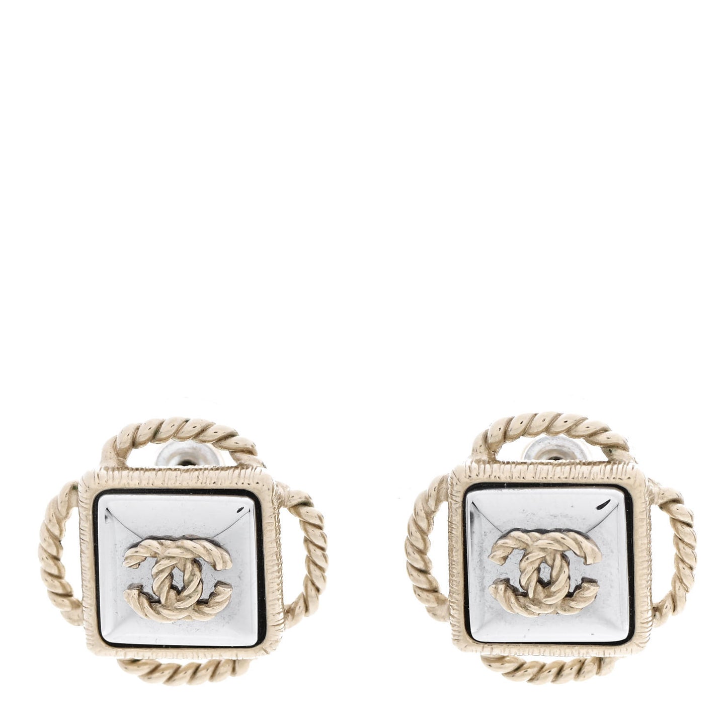 Resin Metal Rope Square CC Earrings White Gold