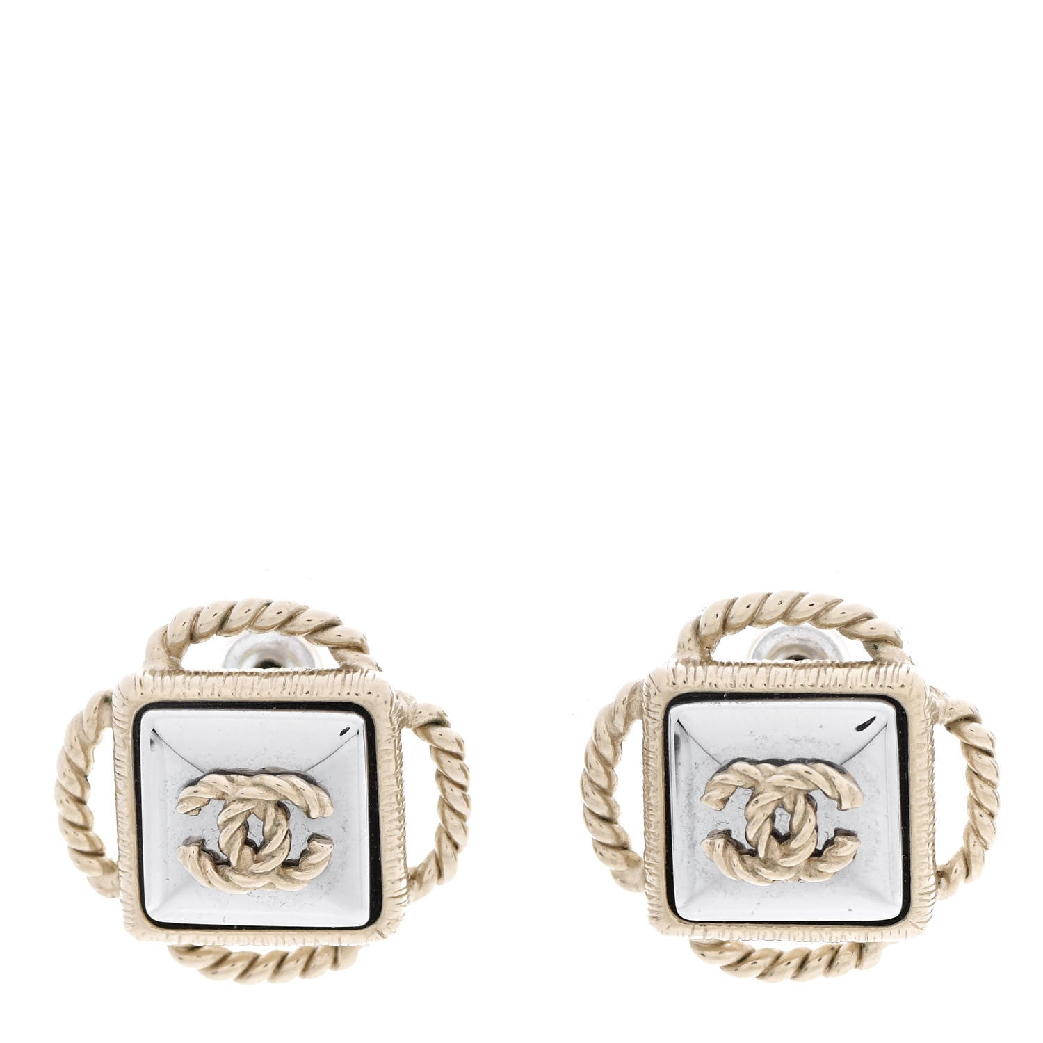 Chanel Resin Metal Rope Square CC Earrings White Gold 1 of 4
