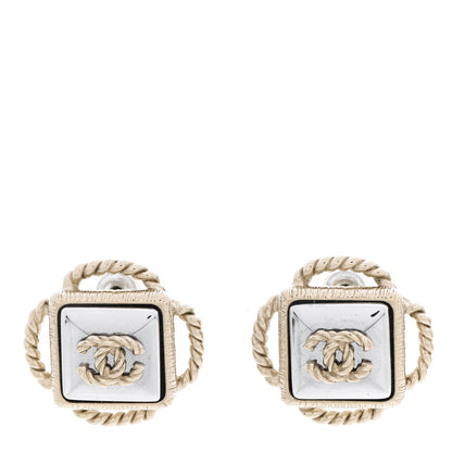 Chanel Resin Metal Rope Square CC Earrings White Gold 1 of 4