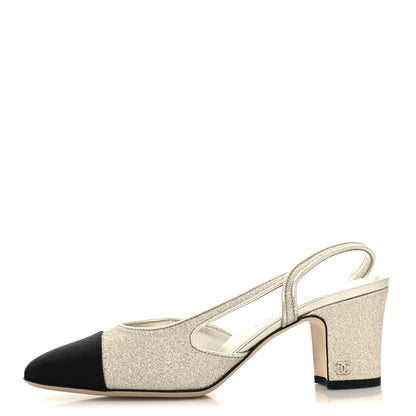 Chanel Glitter Grosgrain Cap Toe CC Slingback Pumps 38 Silver Black 1 of 8