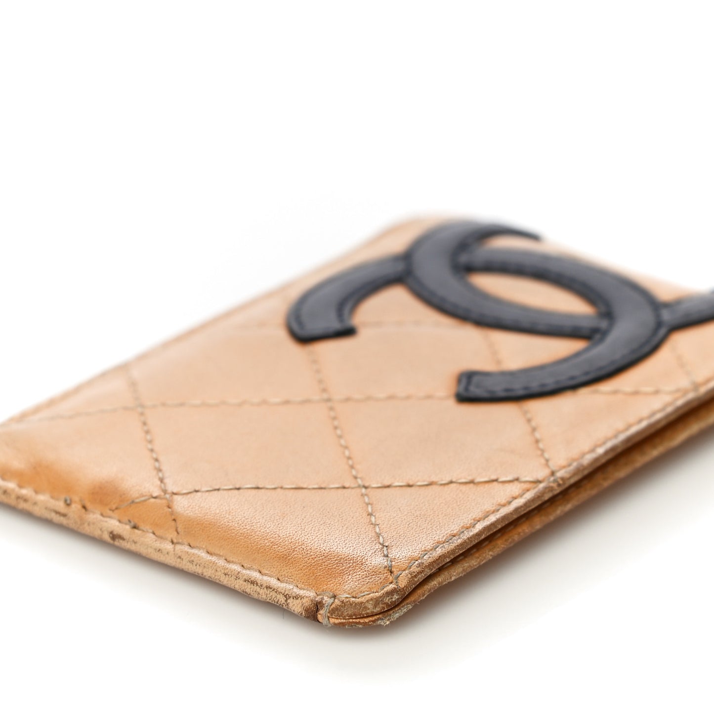 Calfskin Quilted Cambon Card Holder Beige Black