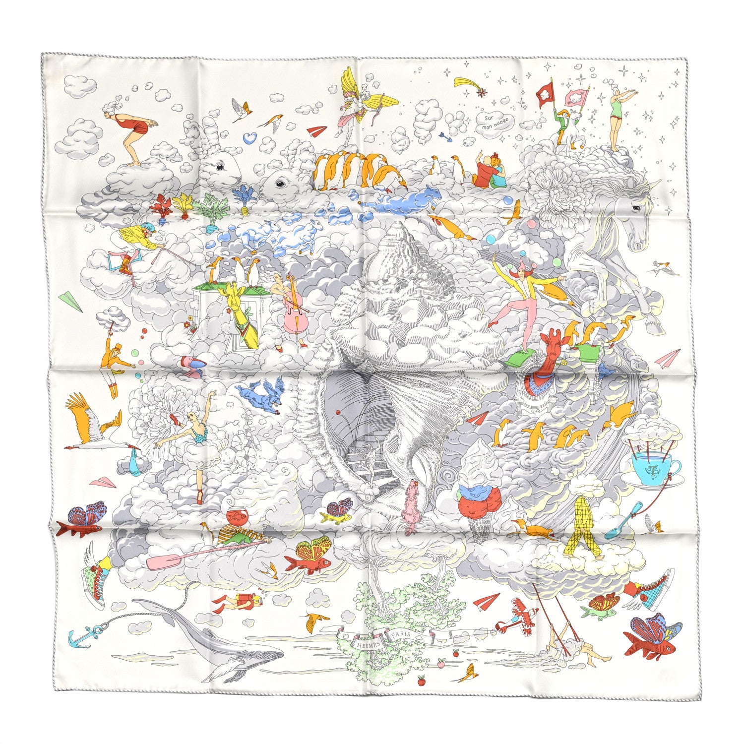 Hermes Silk Sur Mon Nuage Scarf 90 White Gris Perle Multicolore 1 of 5