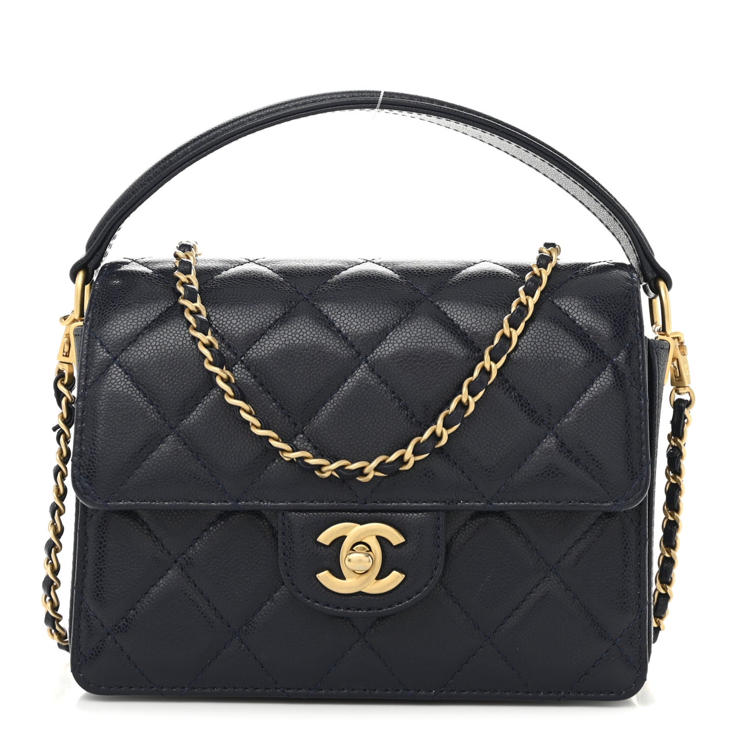 Shiny Caviar Quilted Mini Top Handle Flap Navy Blue