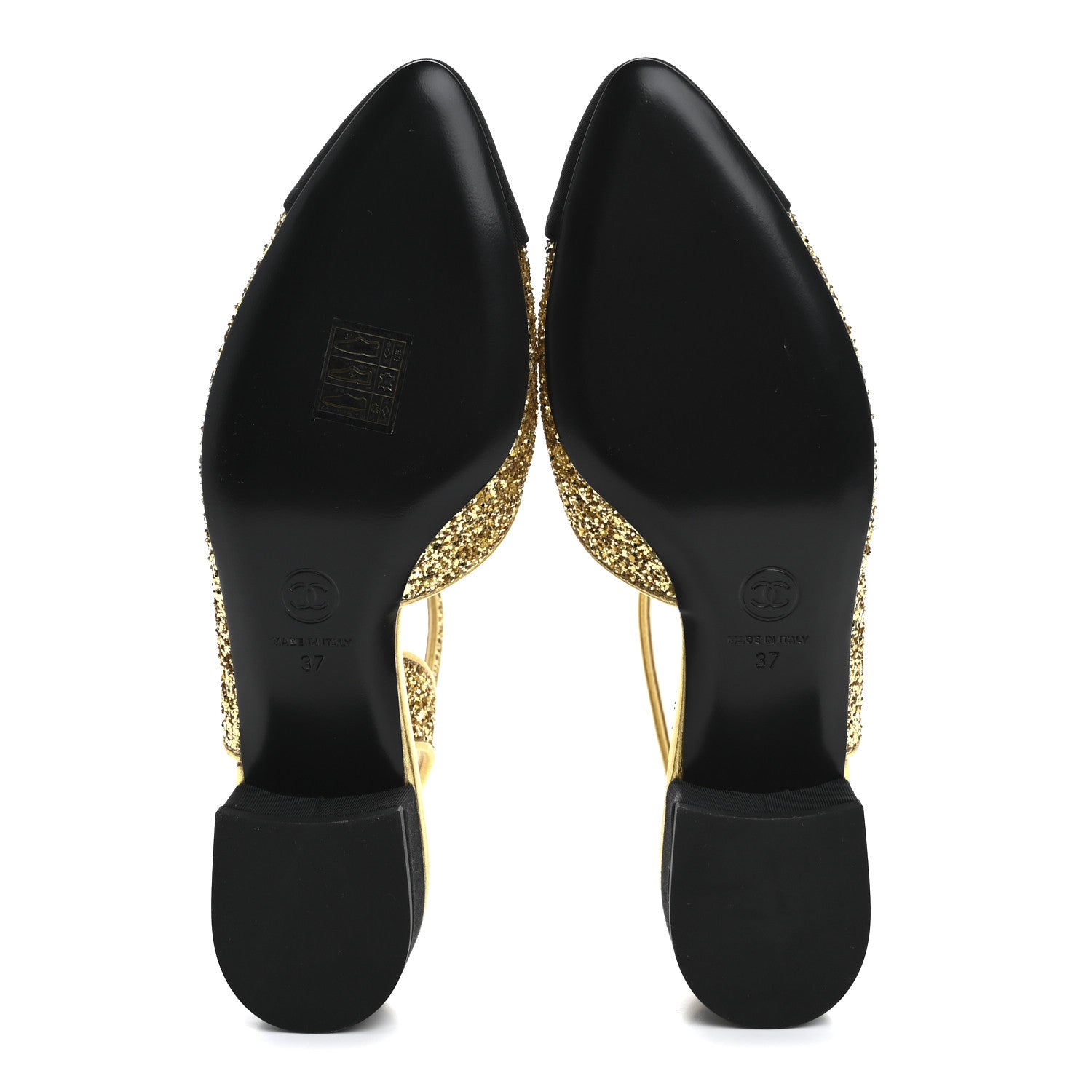 Chanel Glitter Grosgrain Cap Toe CC Slingback Pumps 37 Gold Black 6 of 9