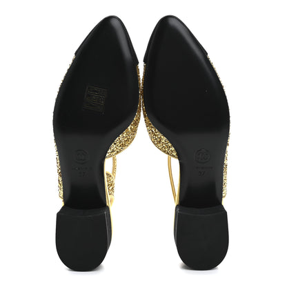 Chanel Glitter Grosgrain Cap Toe CC Slingback Pumps 37 Gold Black 6 of 9