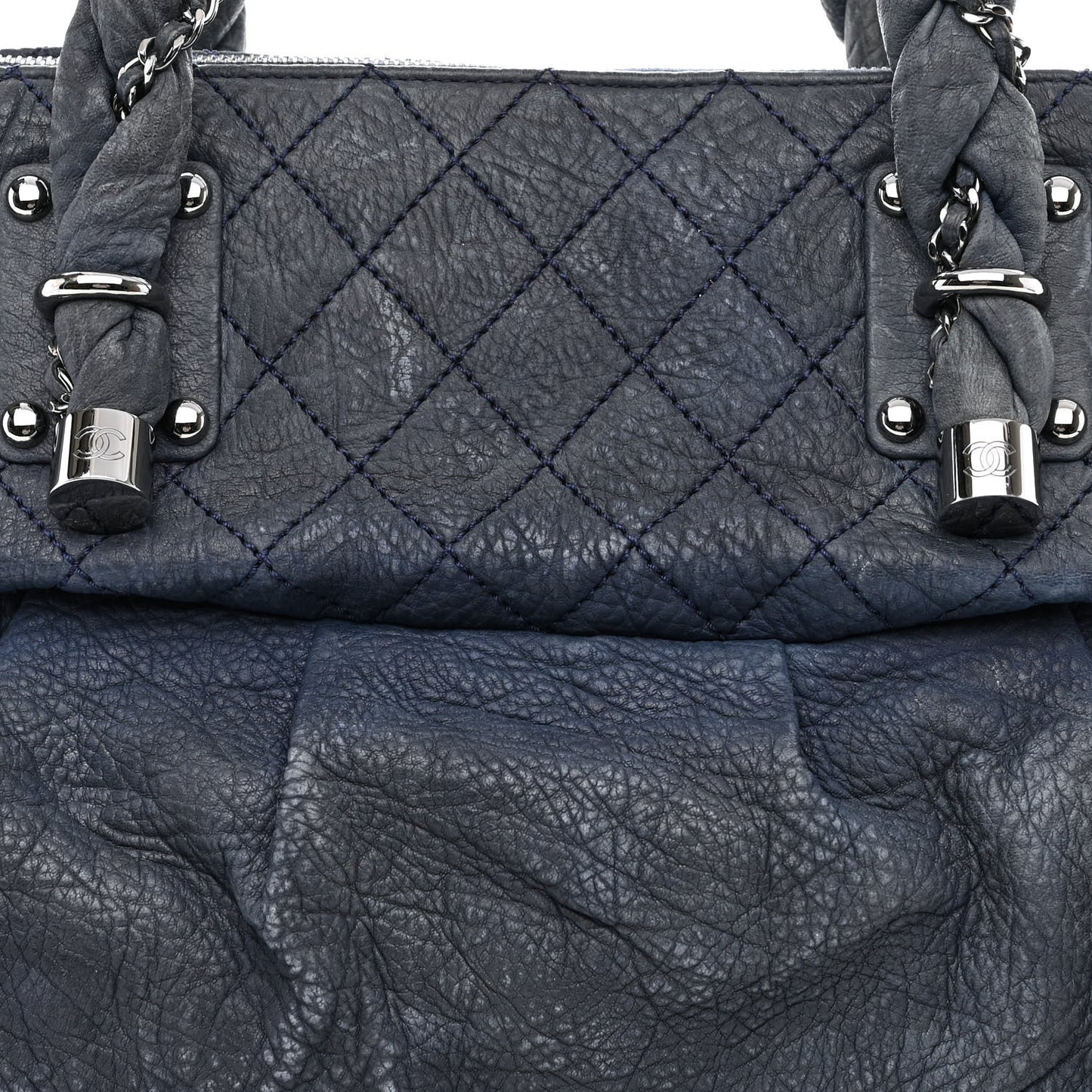 Distressed Lambskin Lady Braid Large Satchel Dark Blue