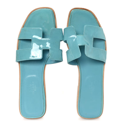 Hermes Patent Oran Sandals 40 Bleu Paon 2 of 8