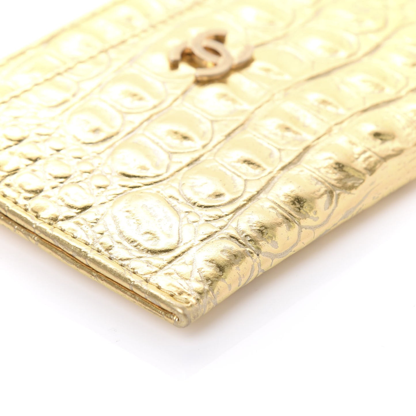 Metallic Calfskin Crocodile Embossed Cocodile Card Holder Gold