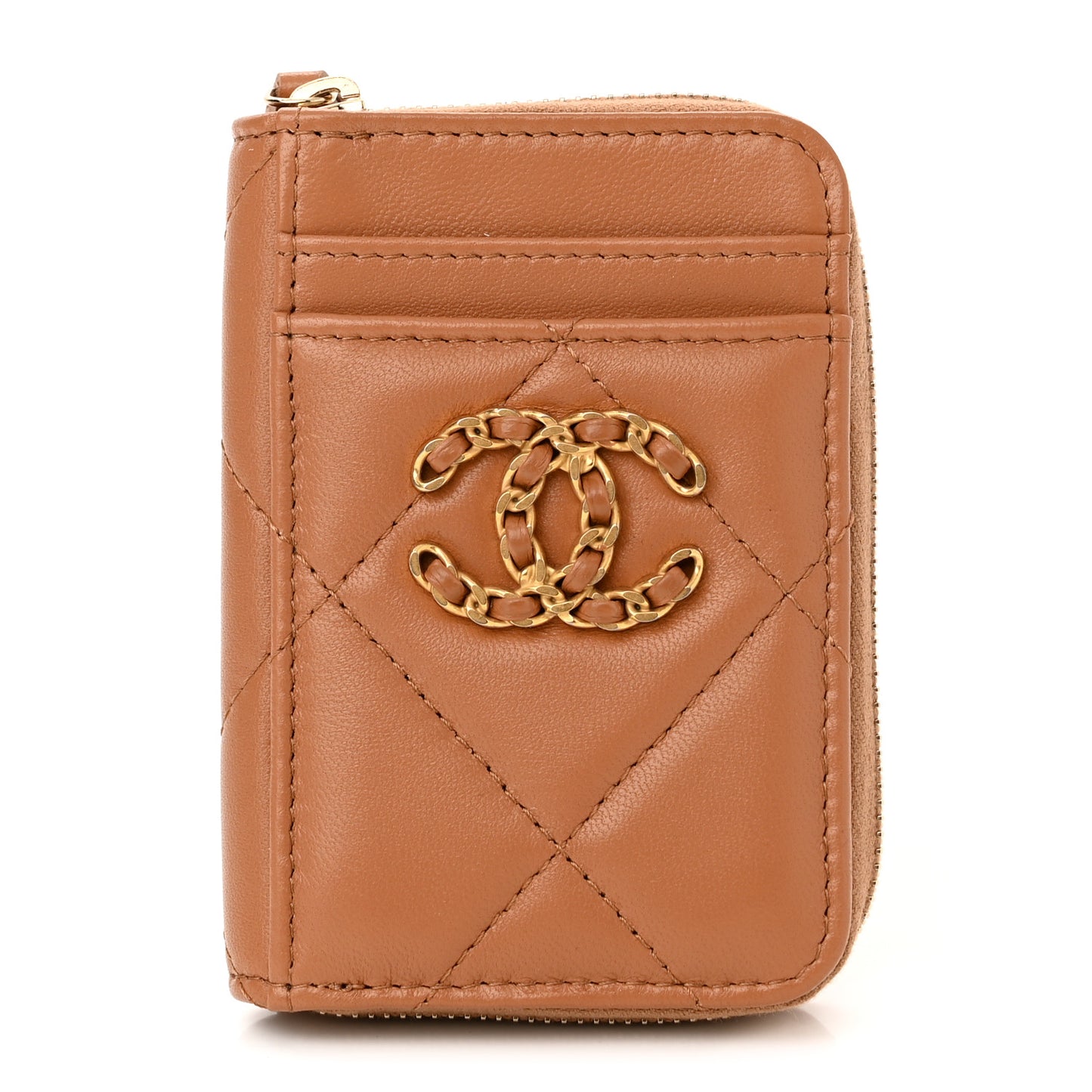Lambskin Quilted Chanel 19 Vertical Zip Card Holder Wallet Brown