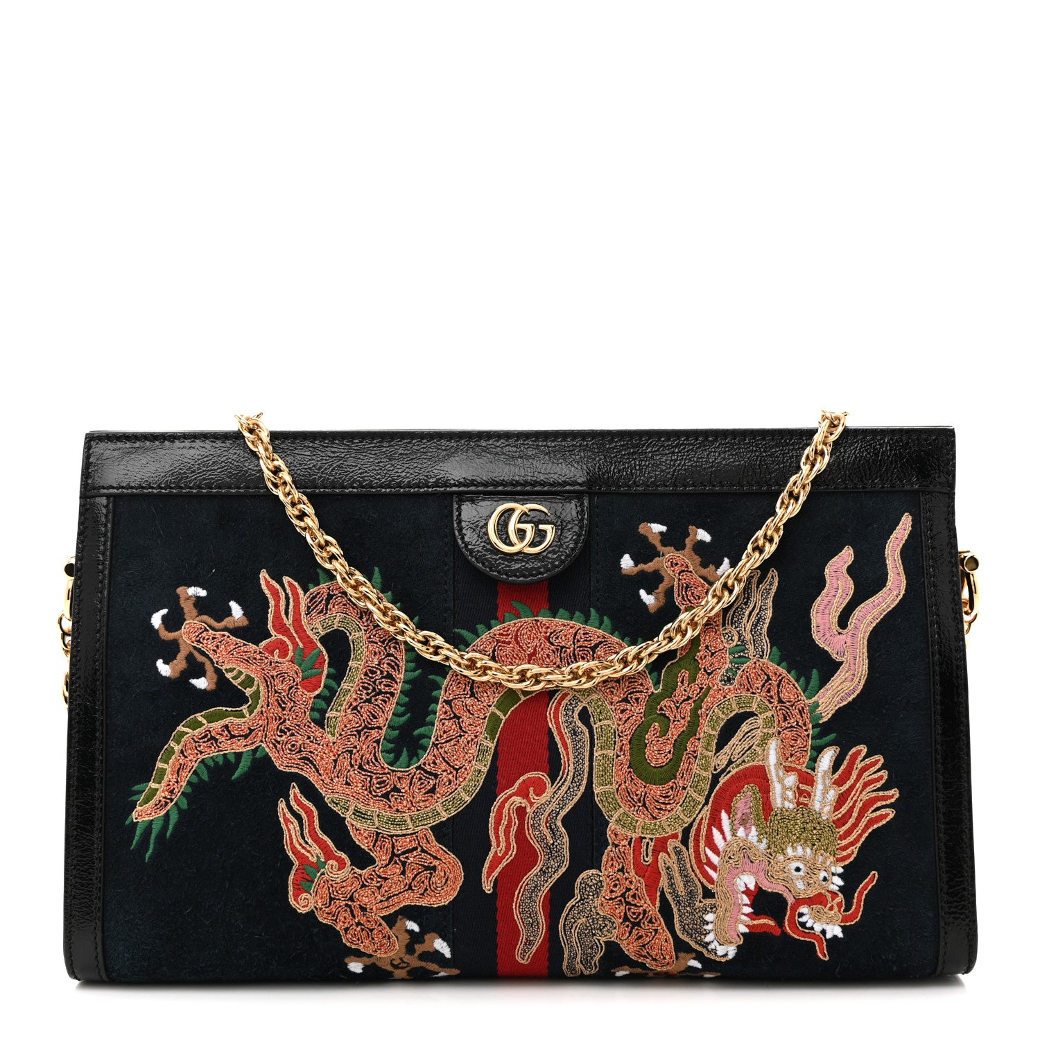Gucci Suede Patent Web Dragon Embroidered Medium Ophidia Chain Shoulder Bag Blue Multicolor Black 1 of 21