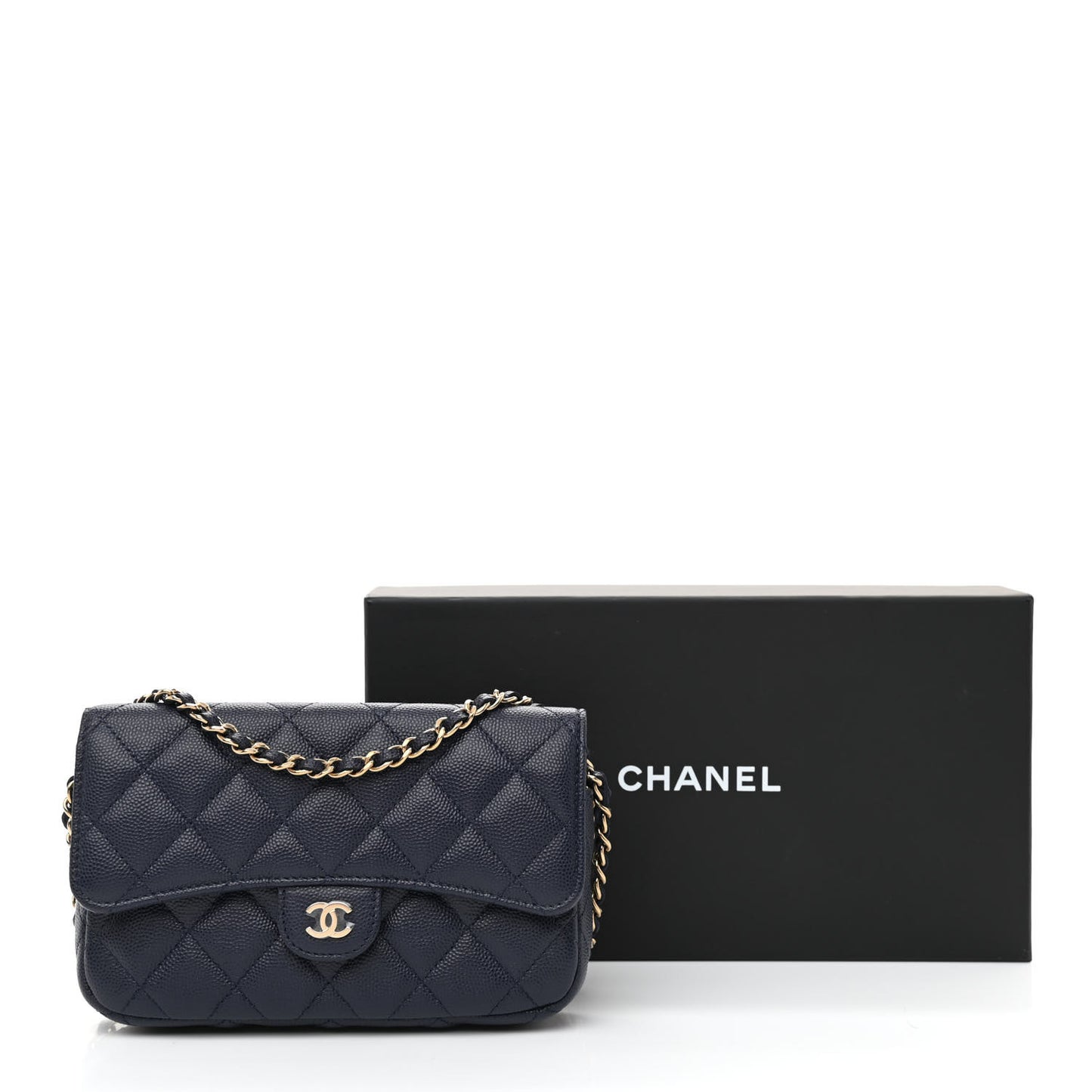 Caviar Quilted Flap Phone Holder With Chain Navy