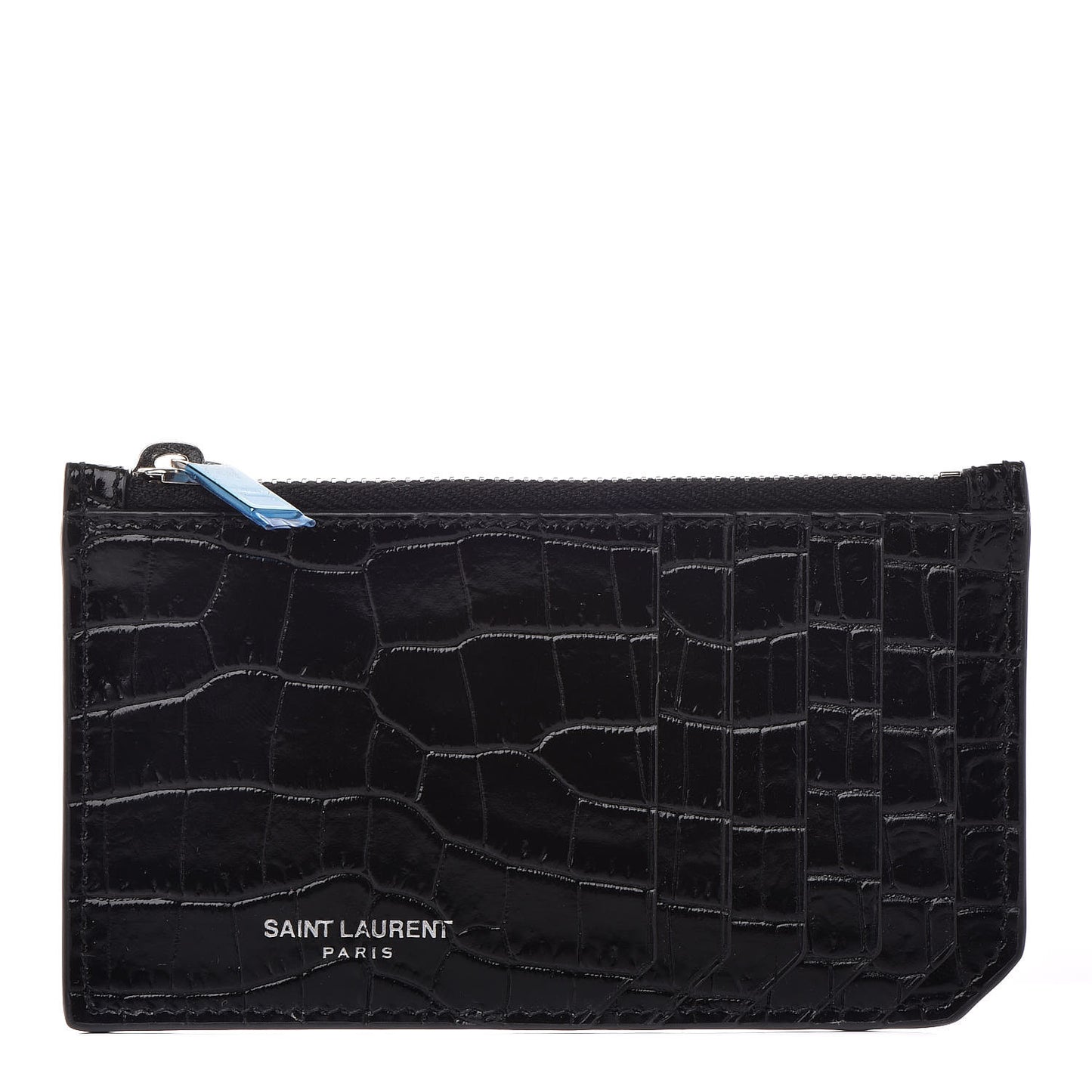 Calfskin Crocodile Embossed 5 Fragments Zip Card Case Black