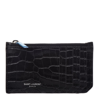 Saint Laurent Calfskin Crocodile Embossed 5 Fragments Zip Card Case Black 1 of 7