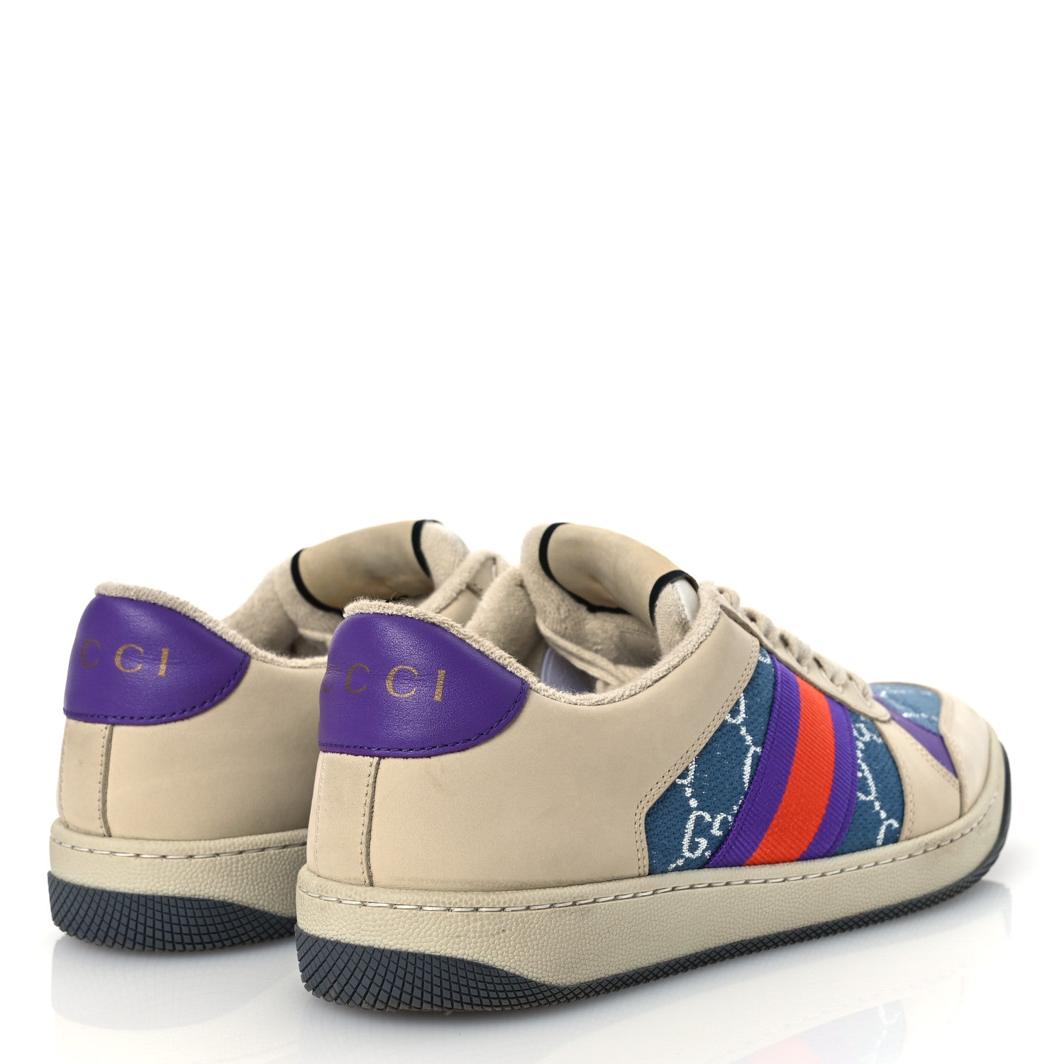 Gucci Calfskin Lame GG Monogram Web Womens Screener Sneakers 39.5 Blue Silver Dusty Milk Shine Purple 5 of 12