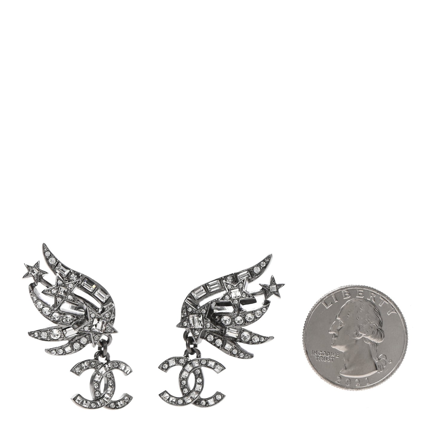 Crystal Baguette CC Wing Star Earrings Silver