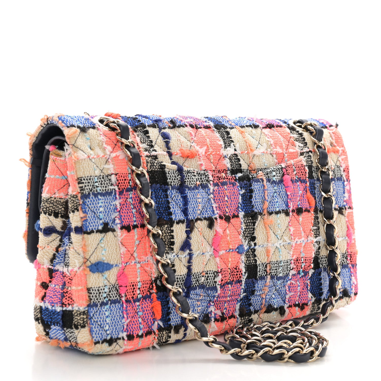 Chanel Tweed Quilted Medium Double Flap Blue Orange Yellow 3 of 11