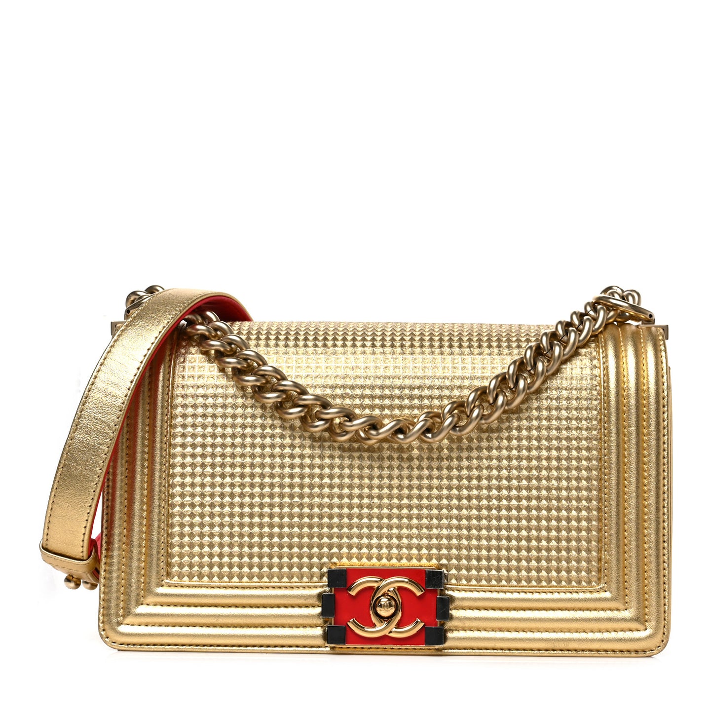 Metallic Lambskin Embossed Medium Cube Boy Flap Gold