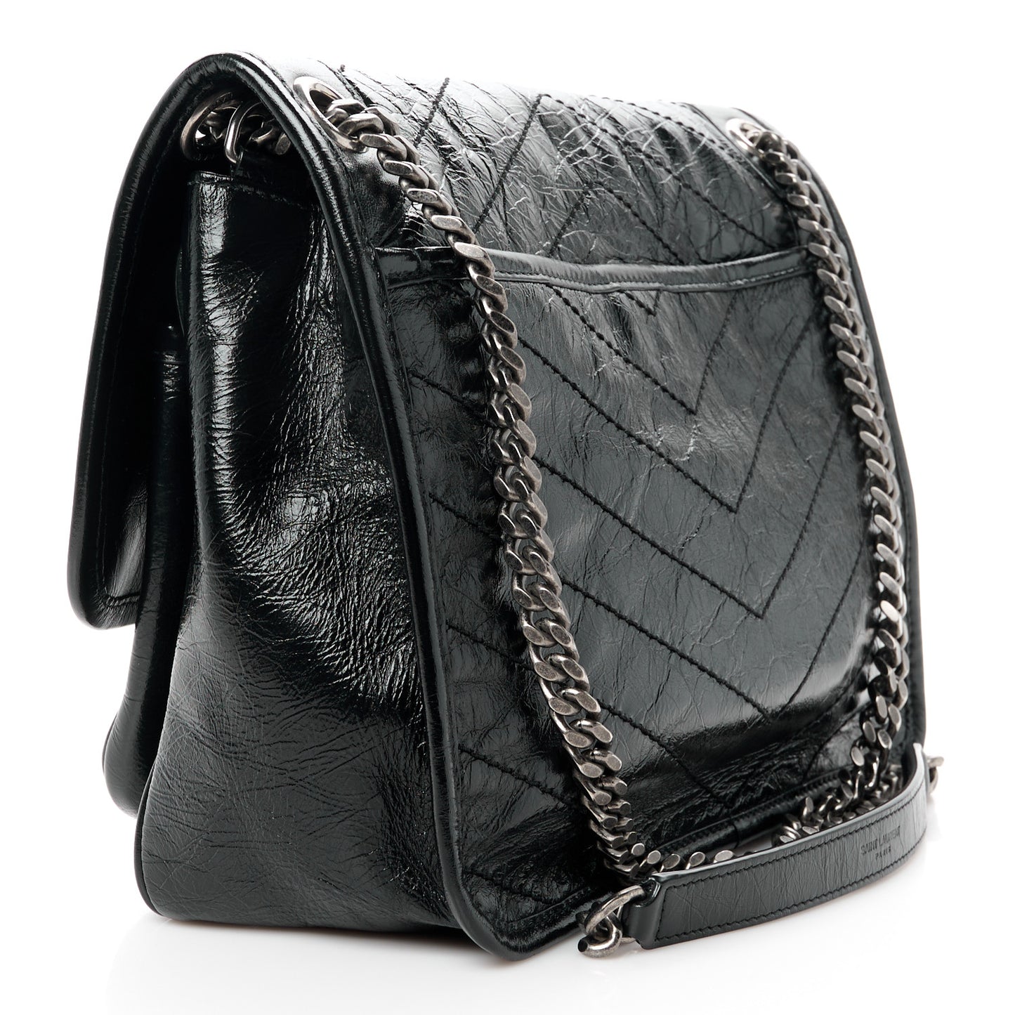 Crinkled Calfskin Matelasse Monogram Medium Niki Chain Satchel Black