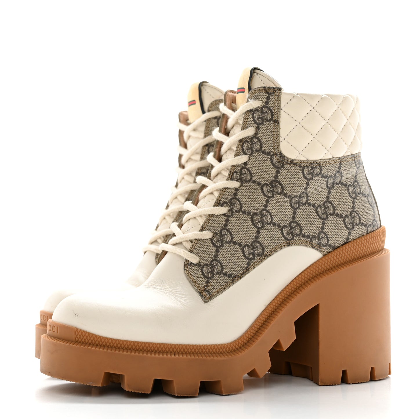 Calfskin GG Supreme Monogram Nappa Quilted Lace Up Ankle Boots 37 Mystic White Beige