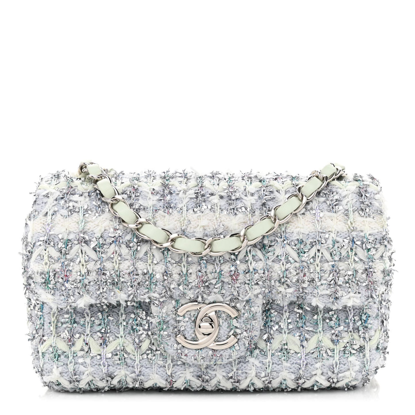 Tweed Quilted Mini Rectangular Flap Light Green Silver White