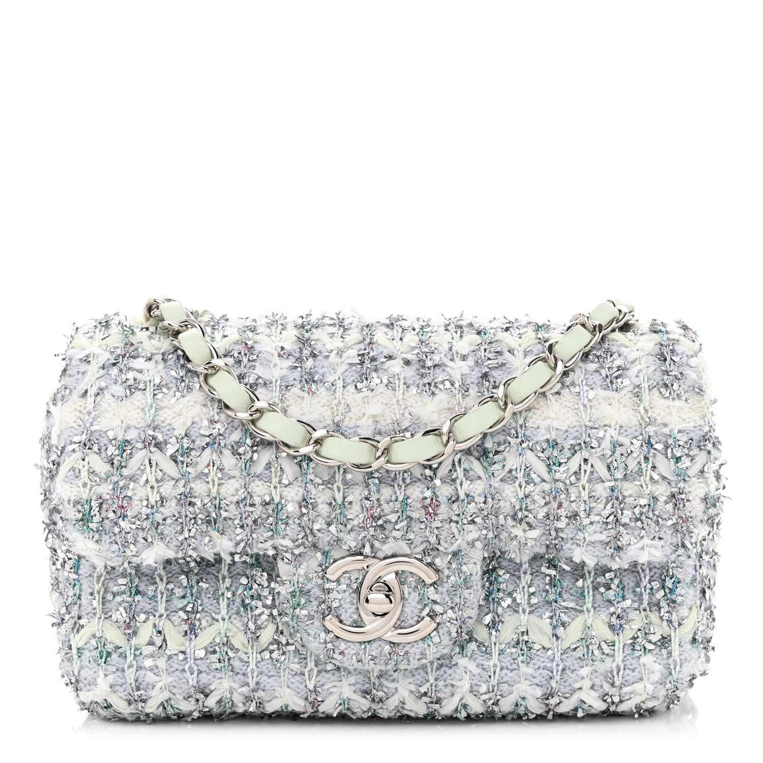 Chanel Tweed Quilted Mini Rectangular Flap Light Green Silver White 1 of 11