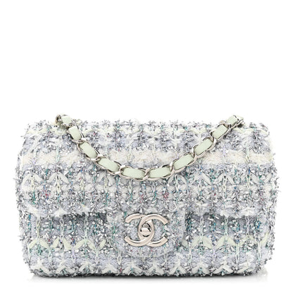 Chanel Tweed Quilted Mini Rectangular Flap Light Green Silver White 1 of 11
