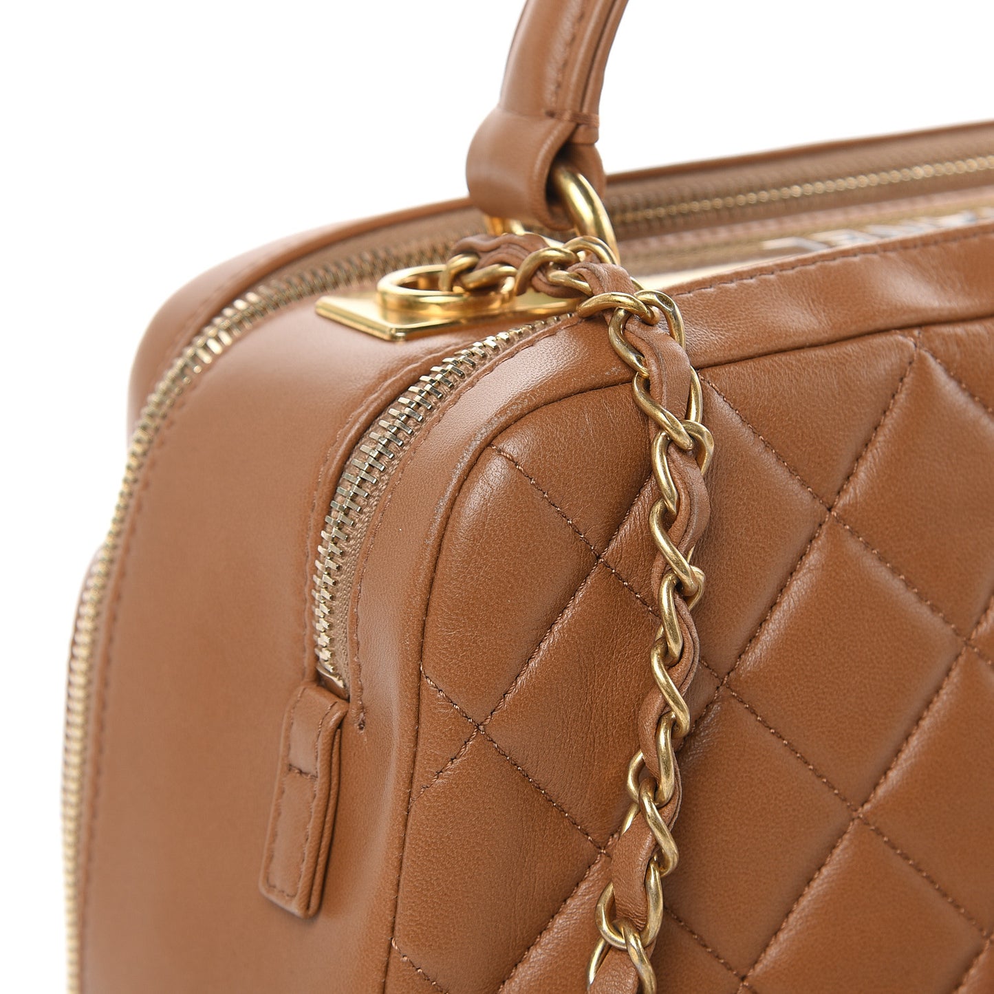 Lambskin Quilted Medium Trendy CC Bowling Bag Camel