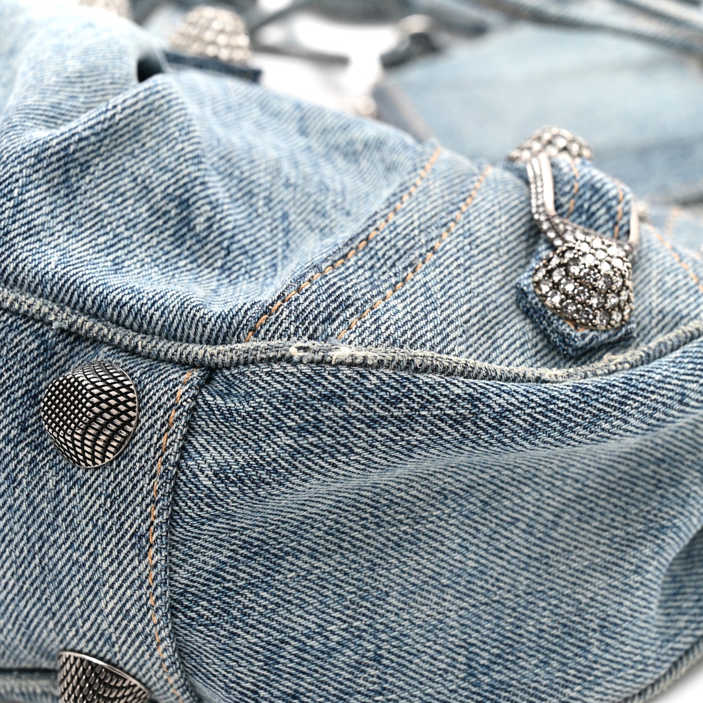 Washed Frayed Denim Crystal Small Le Cagole Shoulder Bag XS Blue