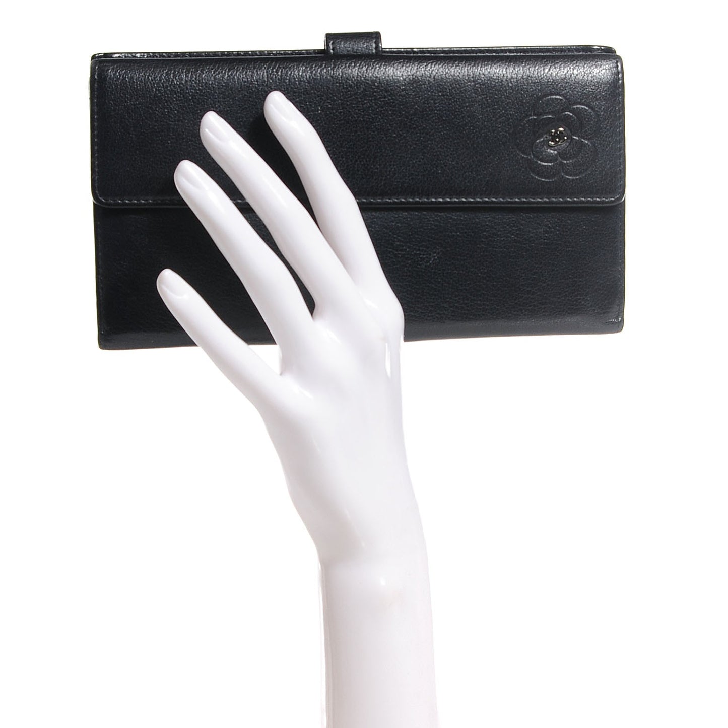 Goatskin Camellia Embossed Flap Wallet Black