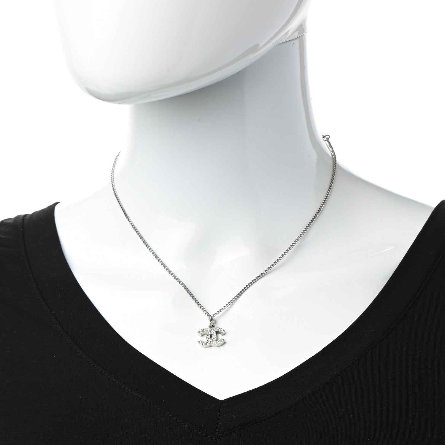 Chanel Crystal CC Pendant Necklace Silver 2 of 6