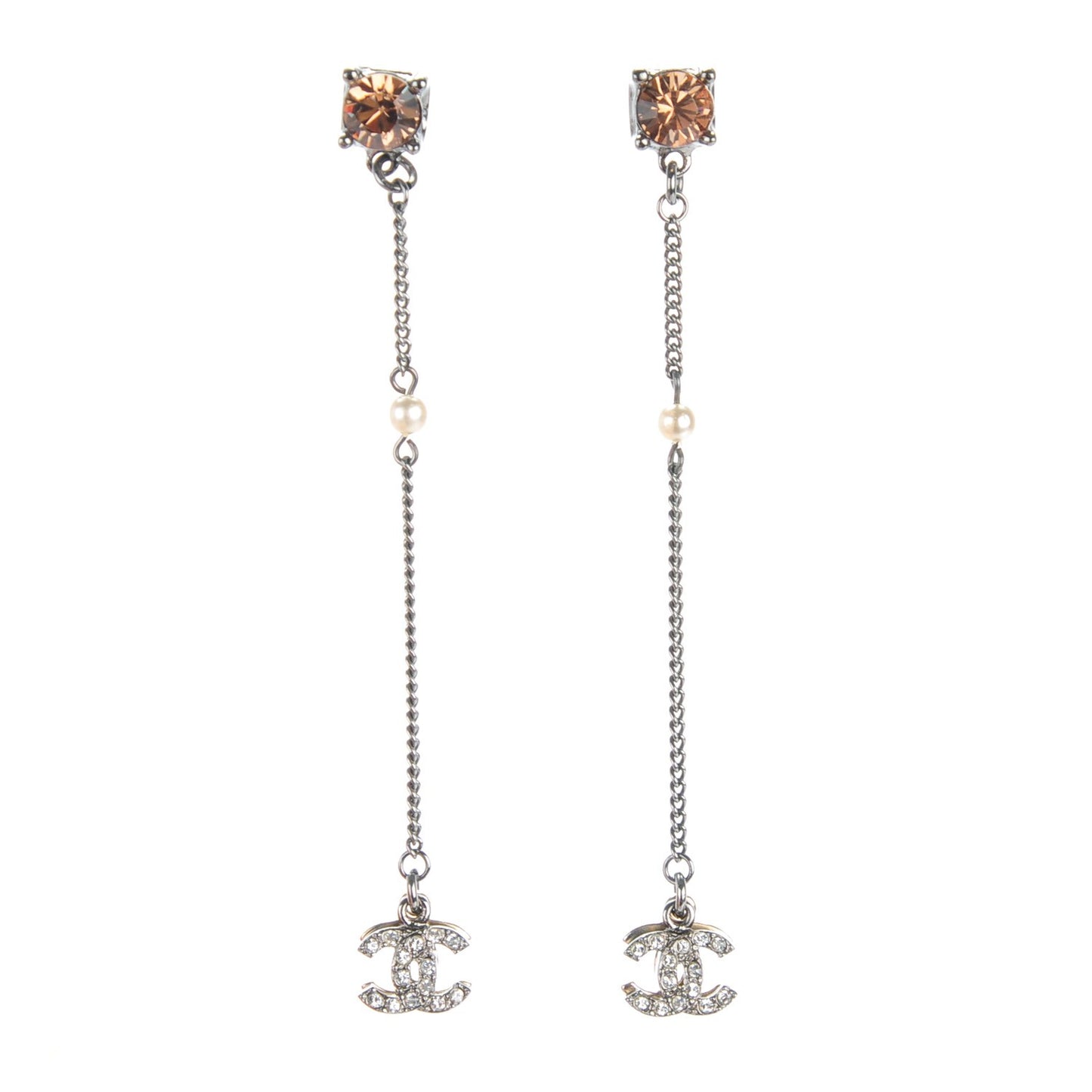 Crystal CC Long Drop Earrings Silver Gold