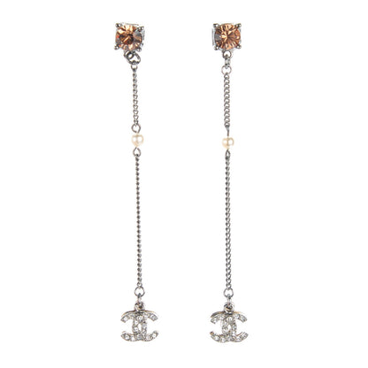 Chanel Crystal CC Long Drop Earrings Silver Gold 1 of 4