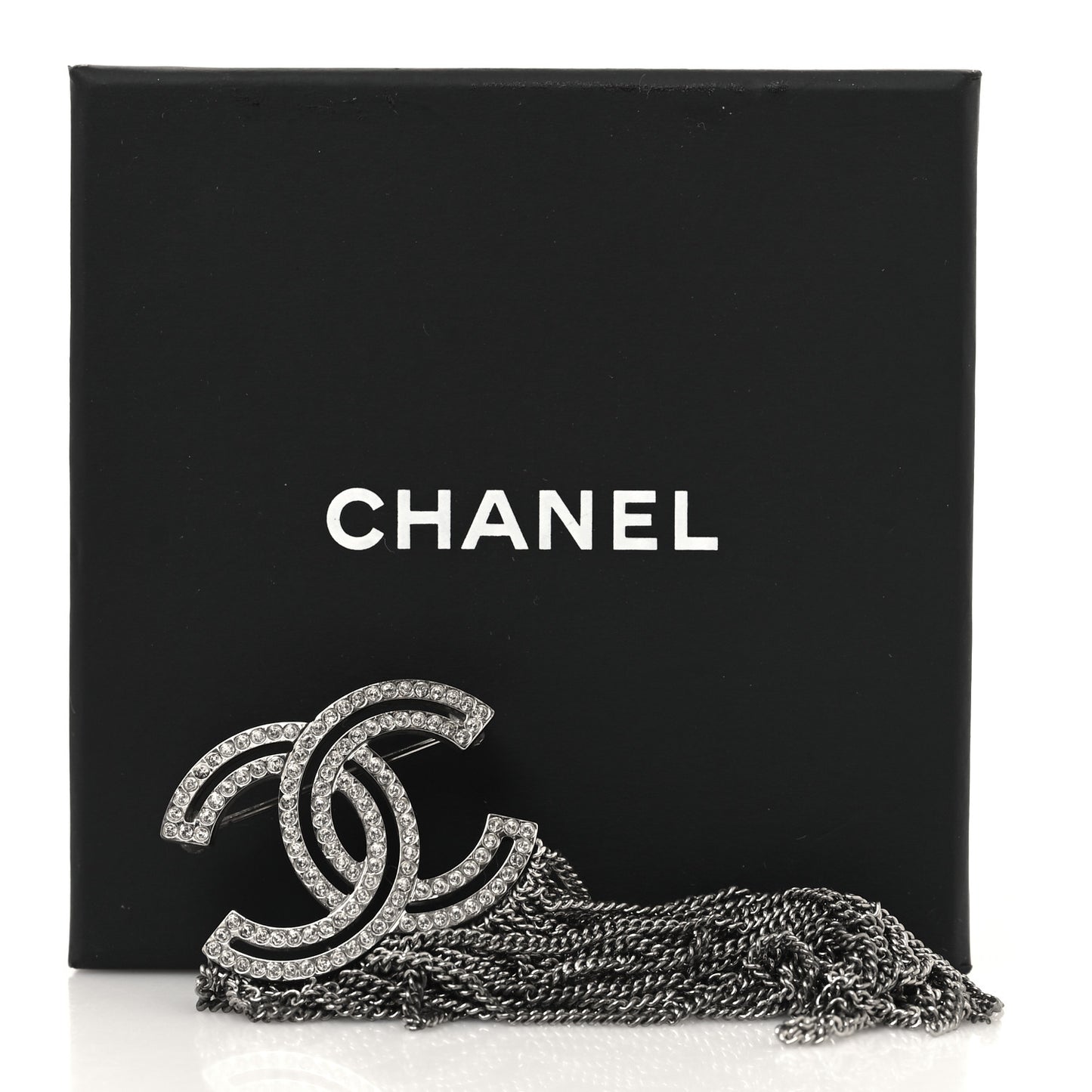 Crystal Chain Fringe CC Brooch Silver