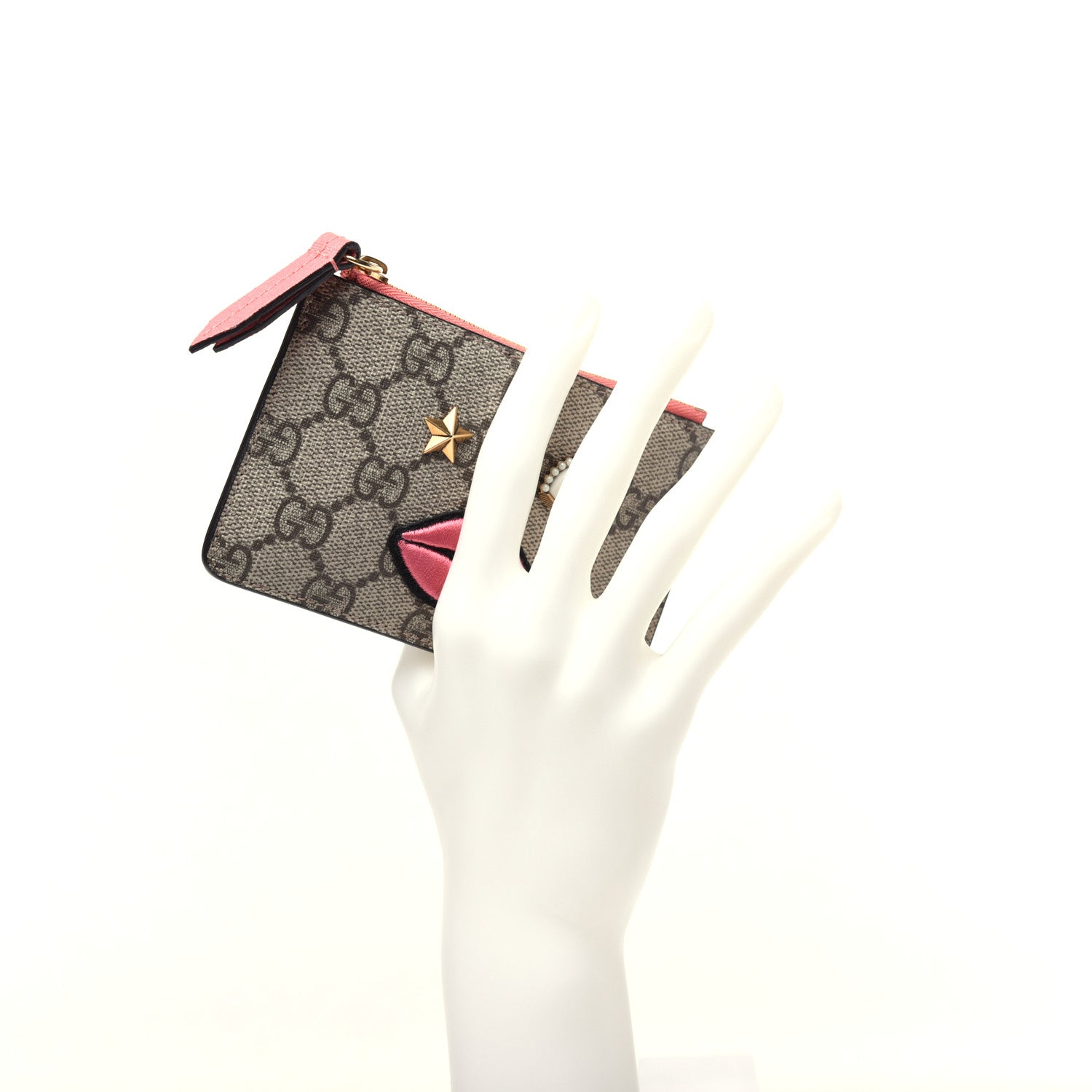 Gucci GG Supreme Monogram Embroidered Face Key Case Pink 2 of 11