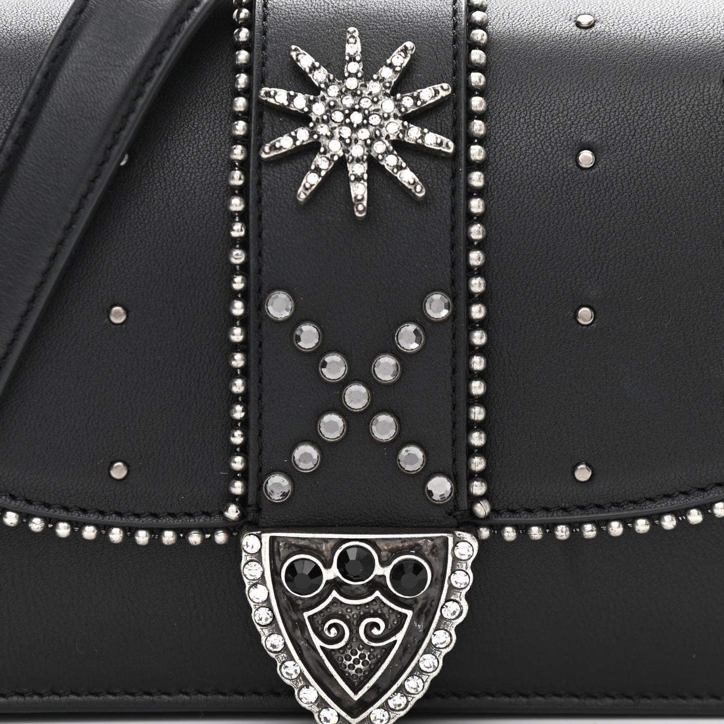 Smooth Calfskin Crystal Stud Embellished Clutch Chain Wallet Black