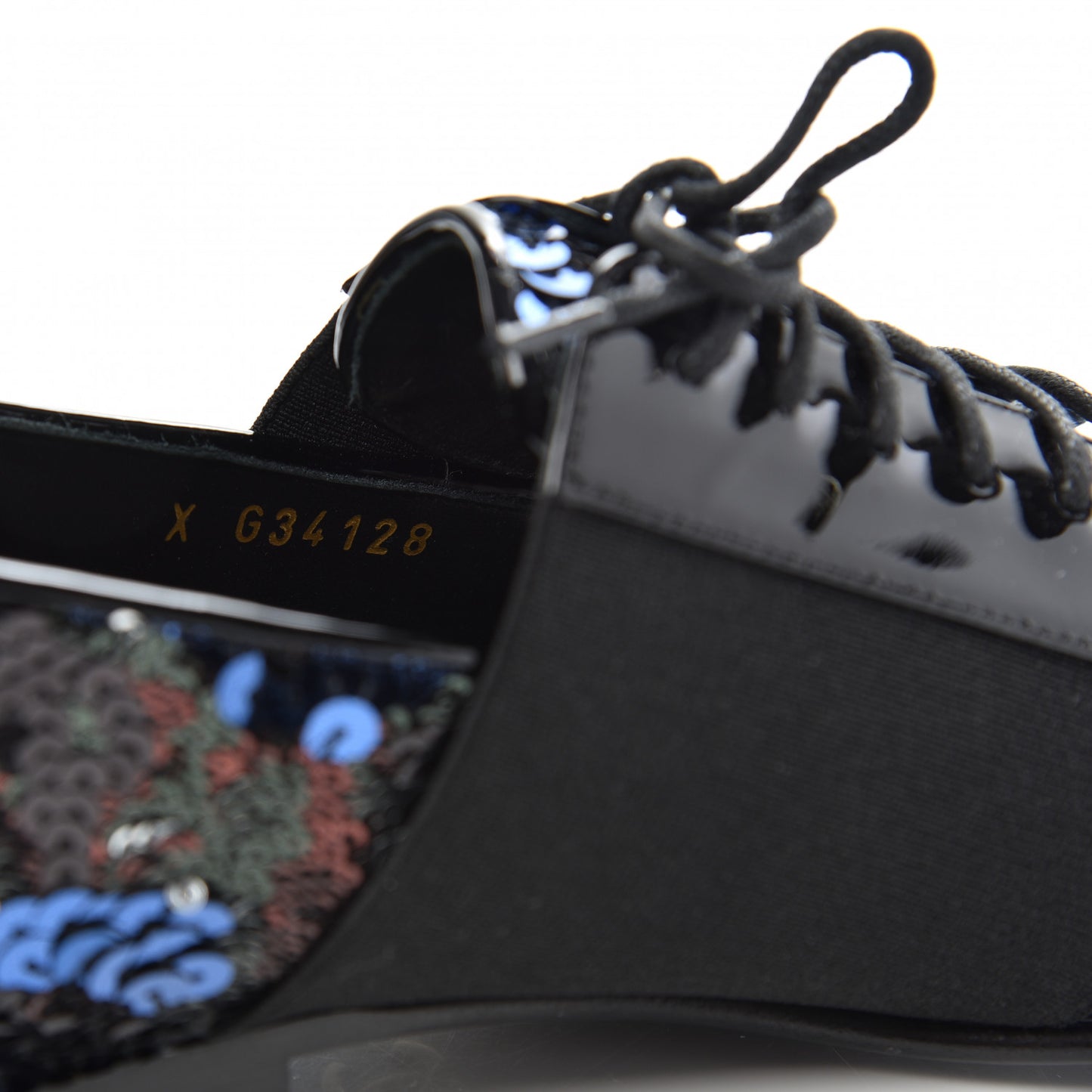 Patent Calfskin Sequin CC Cap Toe Womens Lace Up Oxfords 36 Blue Black