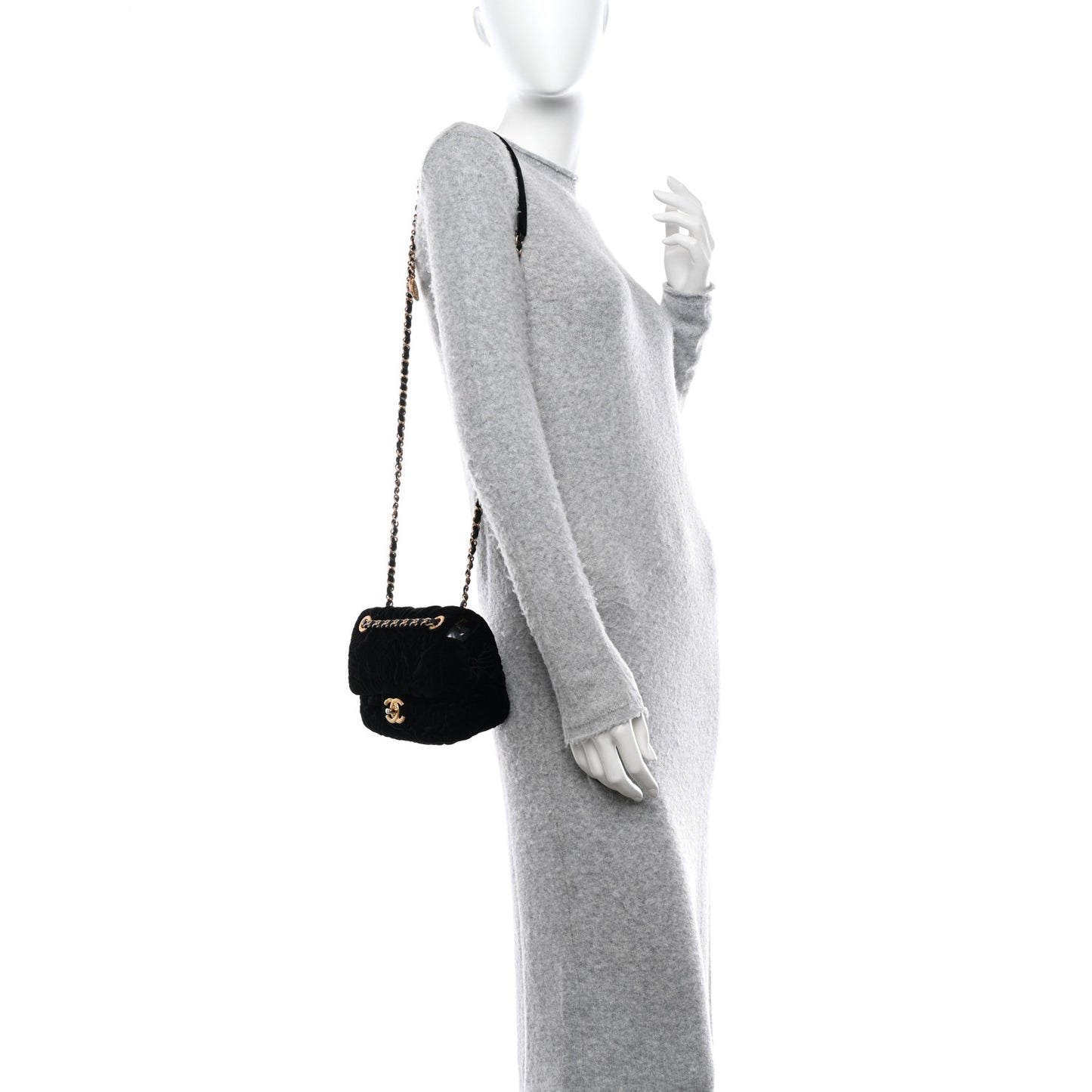 Velvet Camellia Embossed Mini Square Flap Black