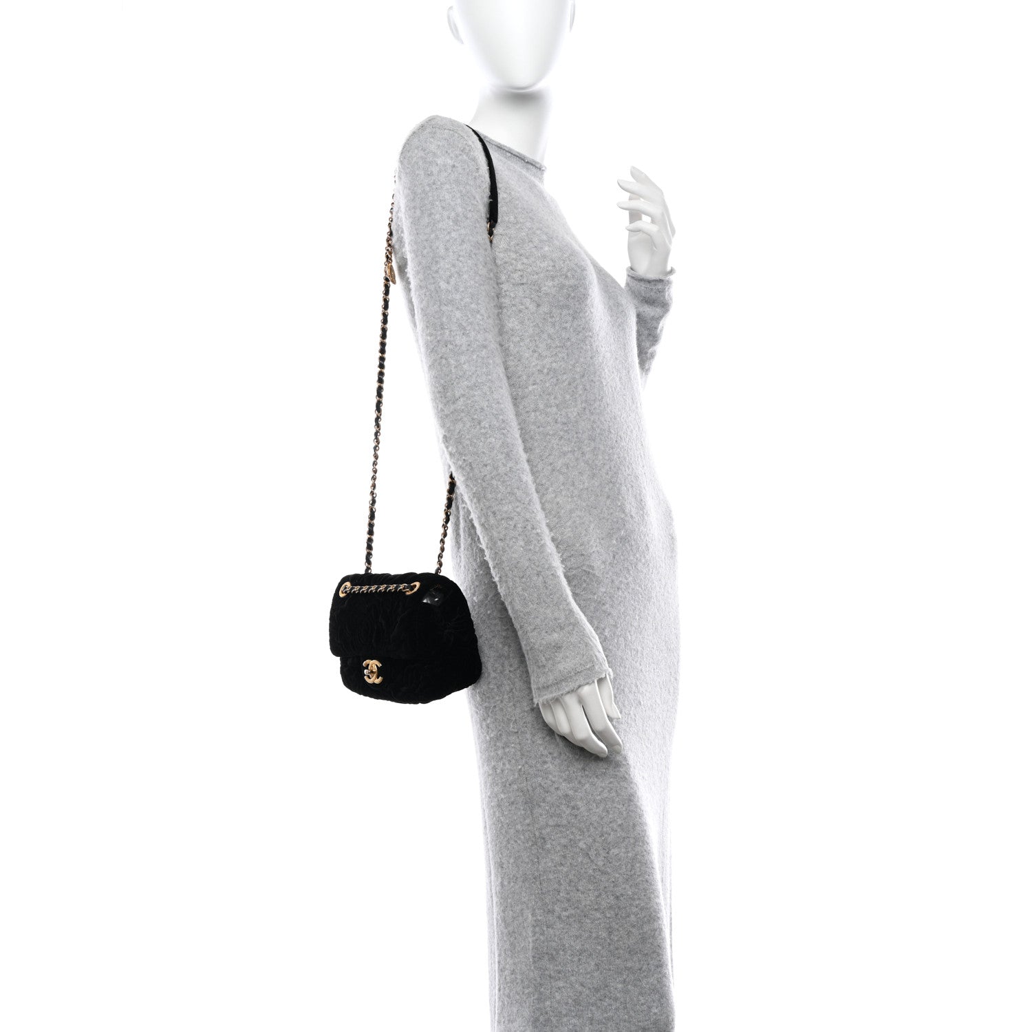 Chanel Velvet Camellia Embossed Mini Square Flap Black 2 of 10