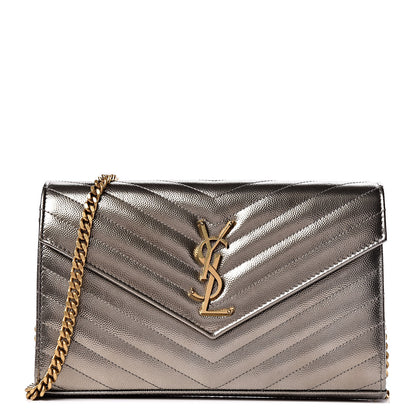 Saint Laurent Iridescent Grain De Poudre Matelasse Chevron Monogram Chain Wallet Gold 1 of 9