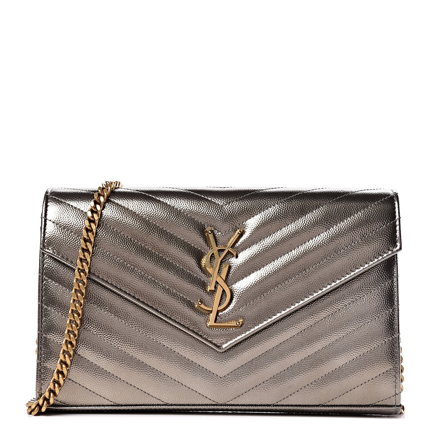 Iridescent Grain De Poudre Matelasse Chevron Monogram Chain Wallet Gold