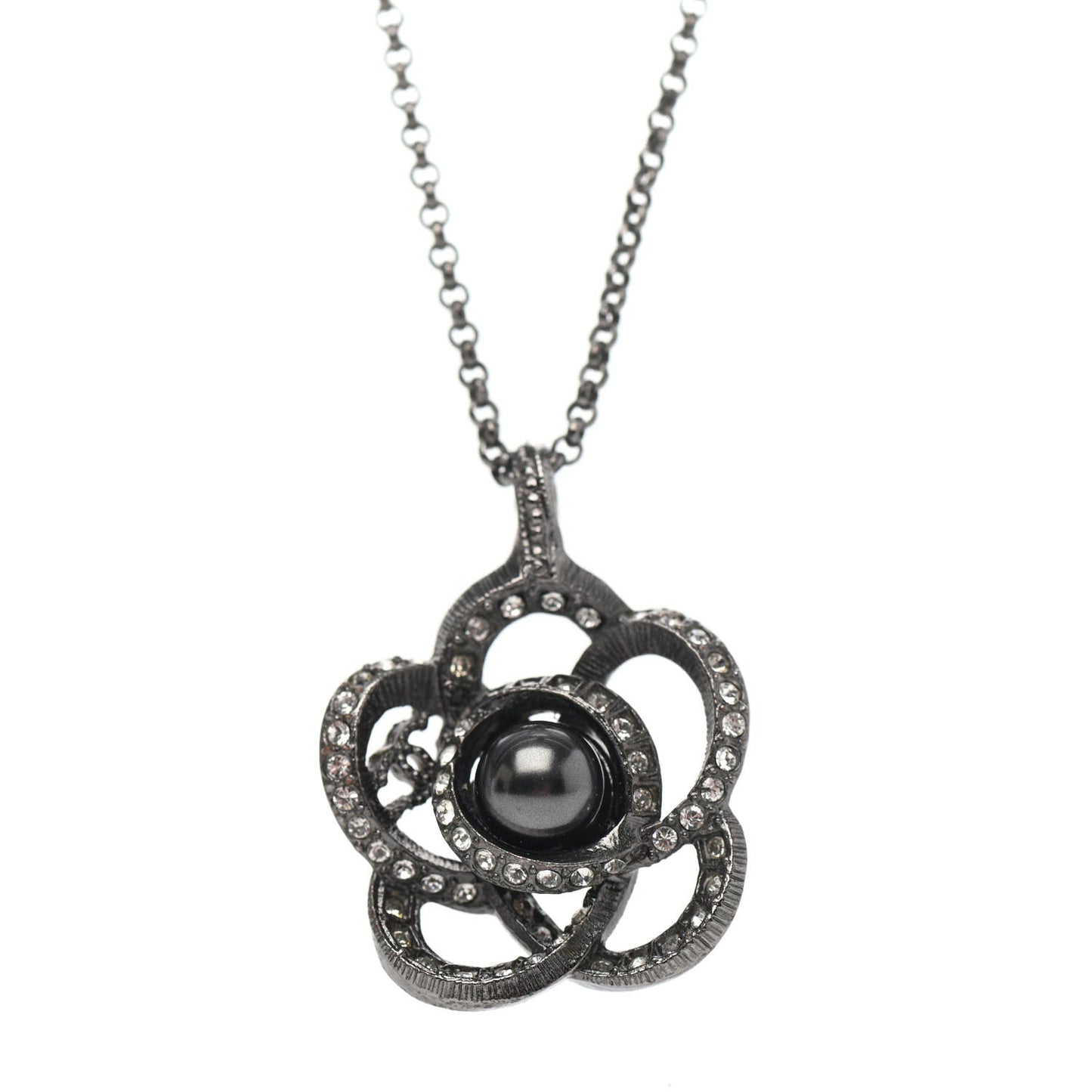 Crystal Pearl Camellia Necklace Ruthenium