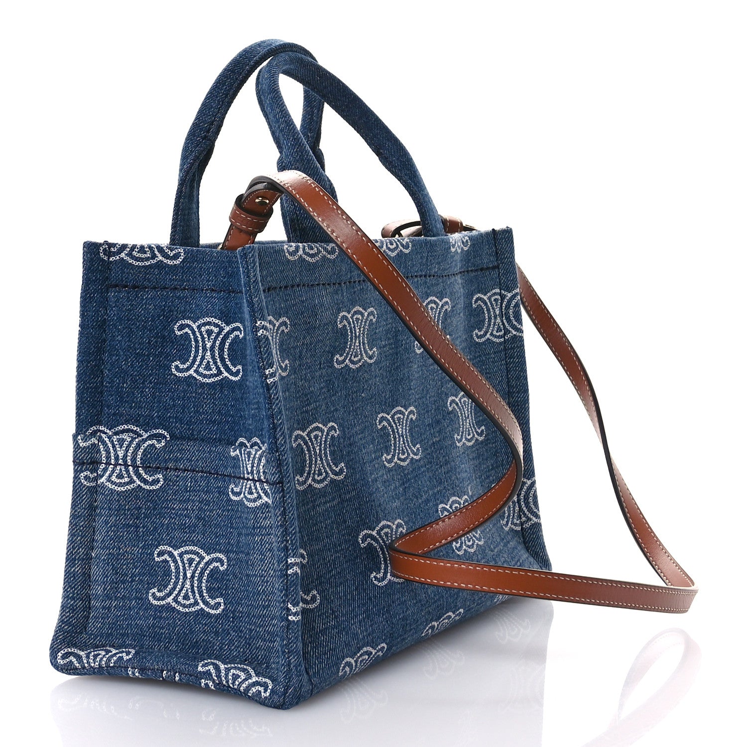 Celine Denim Calfskin Triomphe Print Cabas Blue Tan 3 of 12
