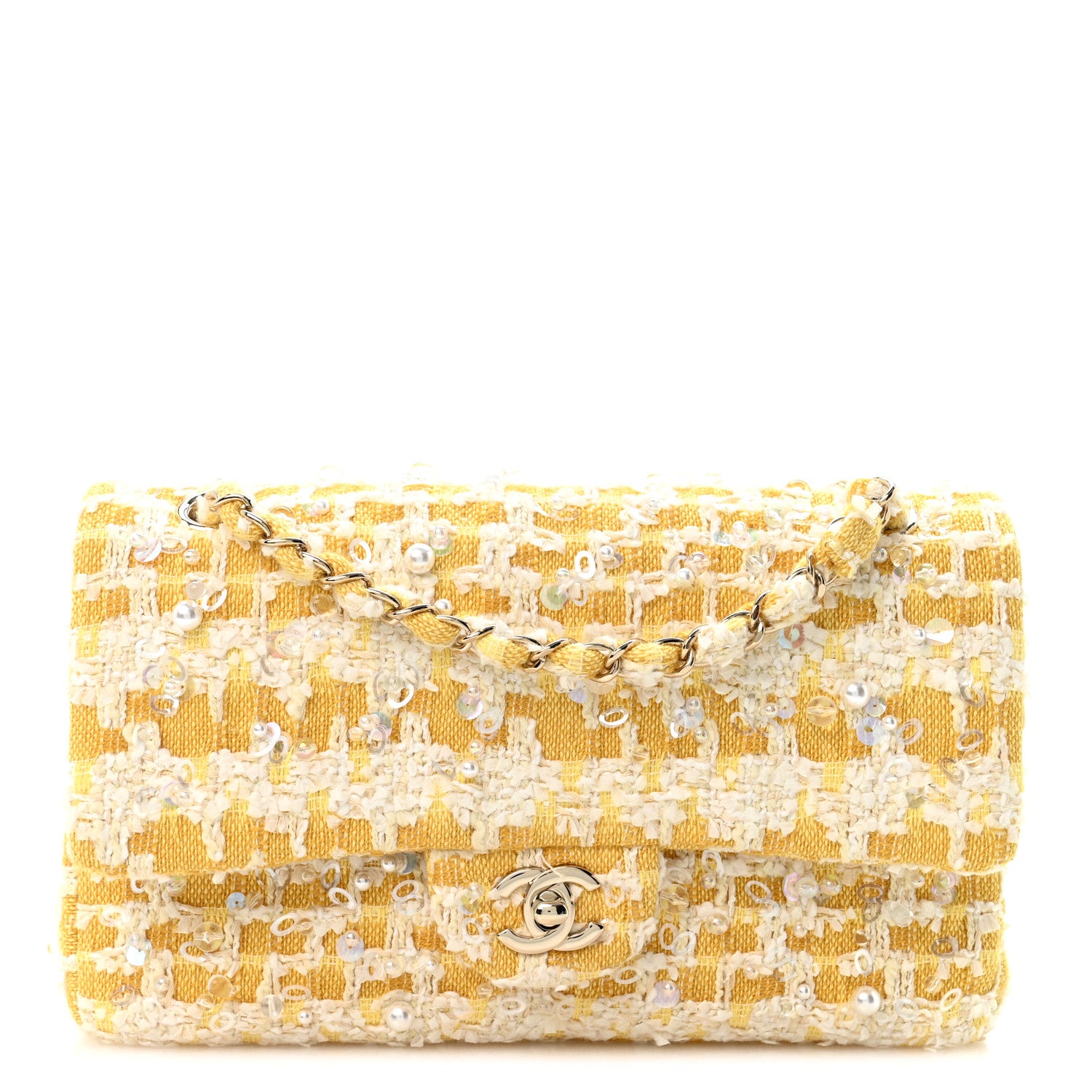 Chanel Tweed Beaded Medium Double Flap  Yellow White 1 of 11