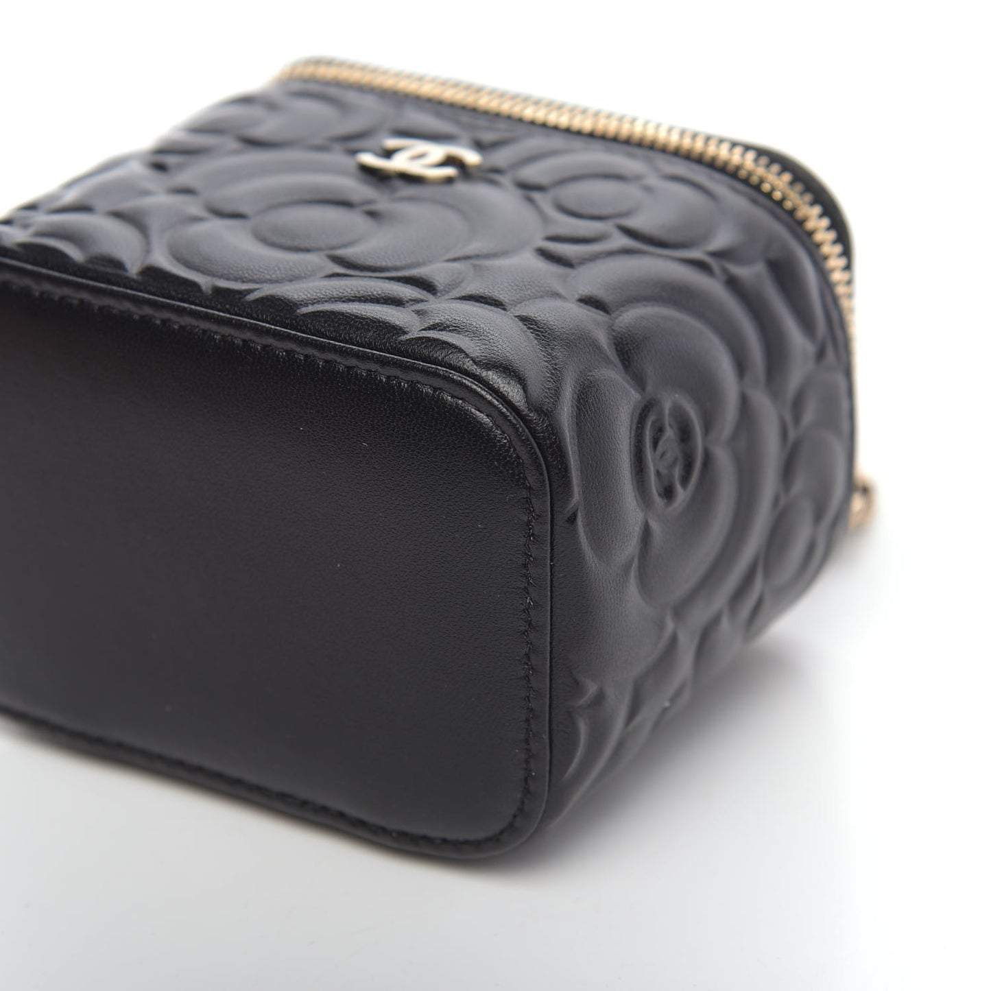 Lambskin Camellia Embossed Mini Vanity Case With Chain Black