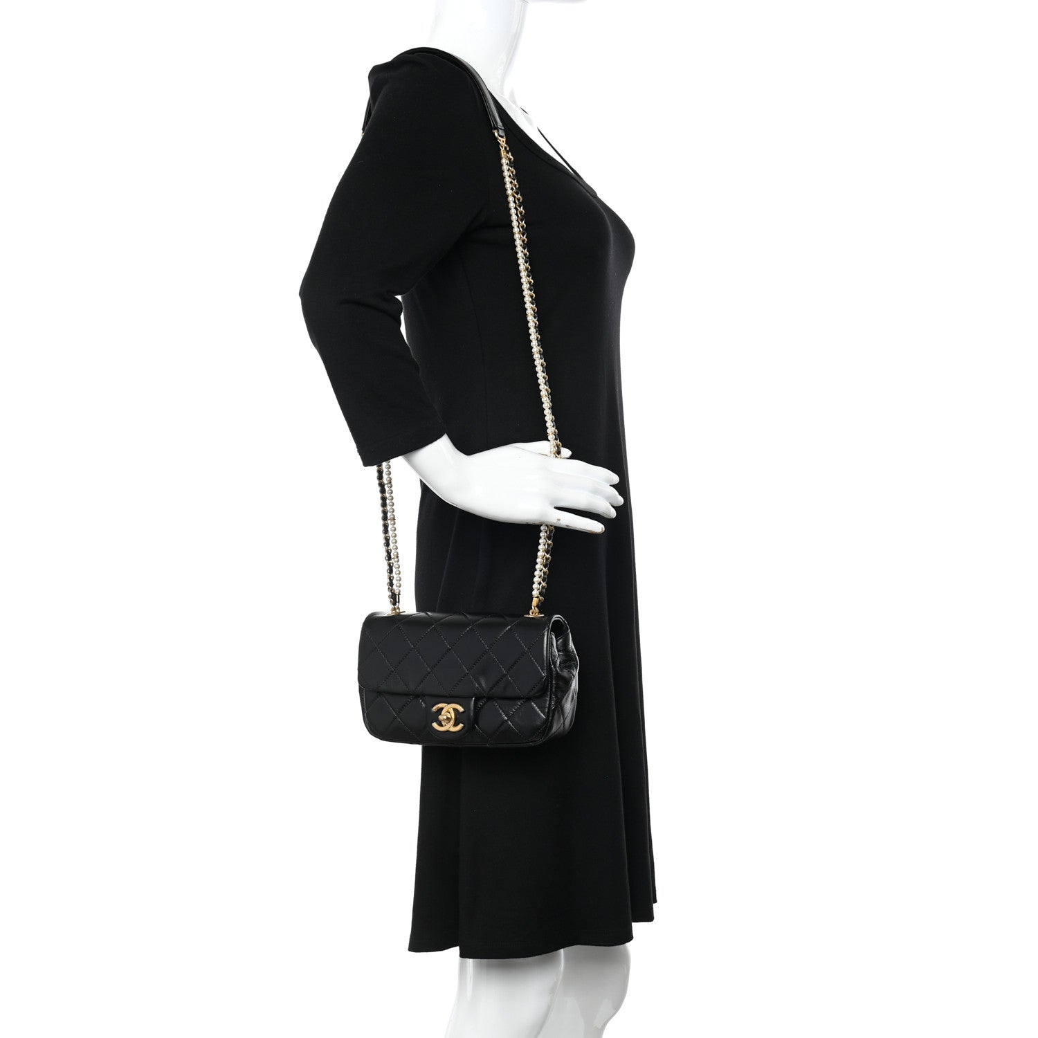 Chanel Calfskin Quilted Mini Rectangular Crystal Pearls Chain Flap Black 2 of 10